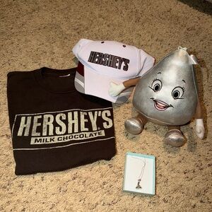 Hershey Park Souvenirs. T-Shirt; Hat; Plush; Kiss Necklace. From Chocolate World